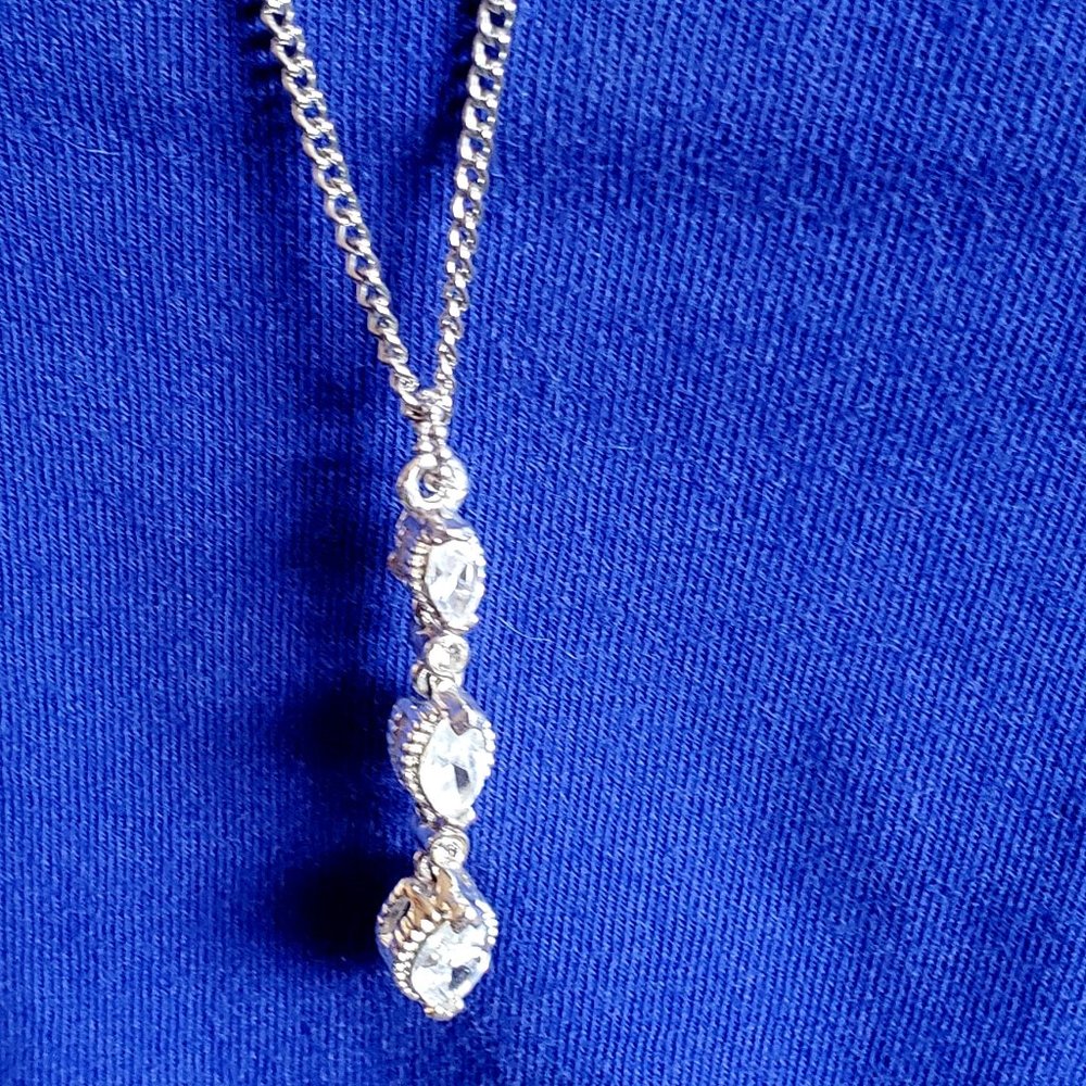 30" Silver Tone Long Rhinestone Pendant Necklace